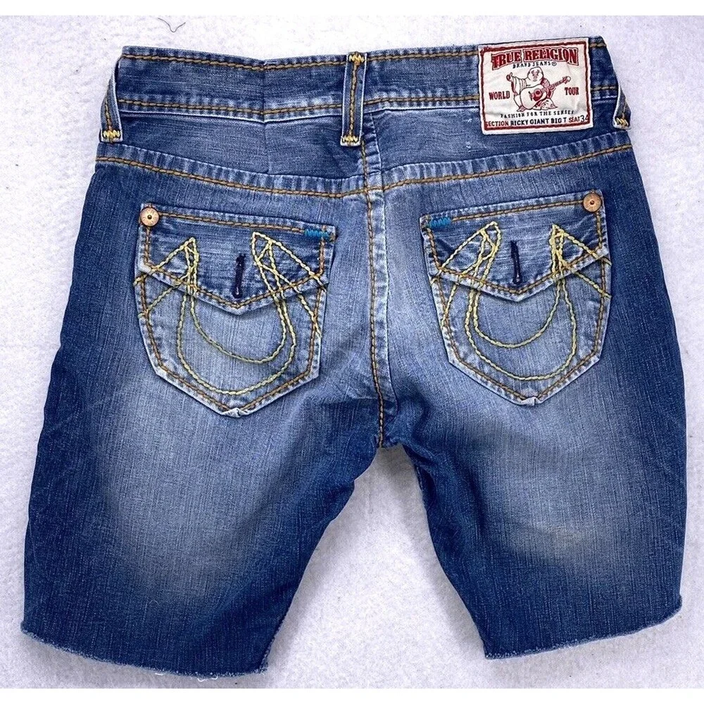 True Religion Mens Ricky Giant Big T Cut Off Jean Shorts Denim Size 30 Made USA